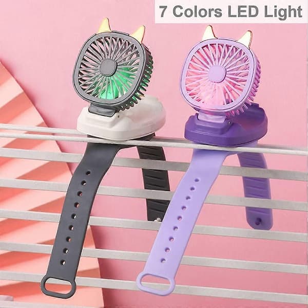 Mini Bærbar Håndledsventilator, Håndholdt Urventilator med Håndledsrem Farverig LED-lys Tre-trins USB-opladning