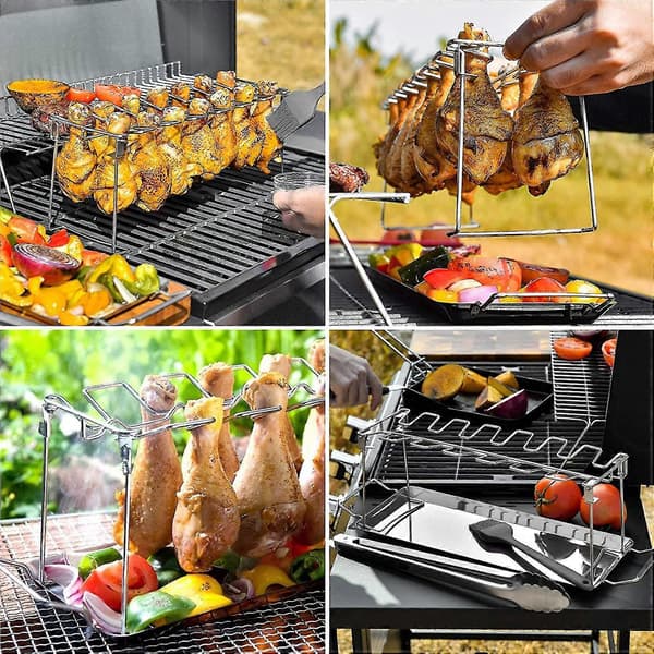 Foldbar Barbecue Kyllinge Benholder i Rustfrit Stål, med Plads til 14 Kyllinge Ben i Grillen 36cm