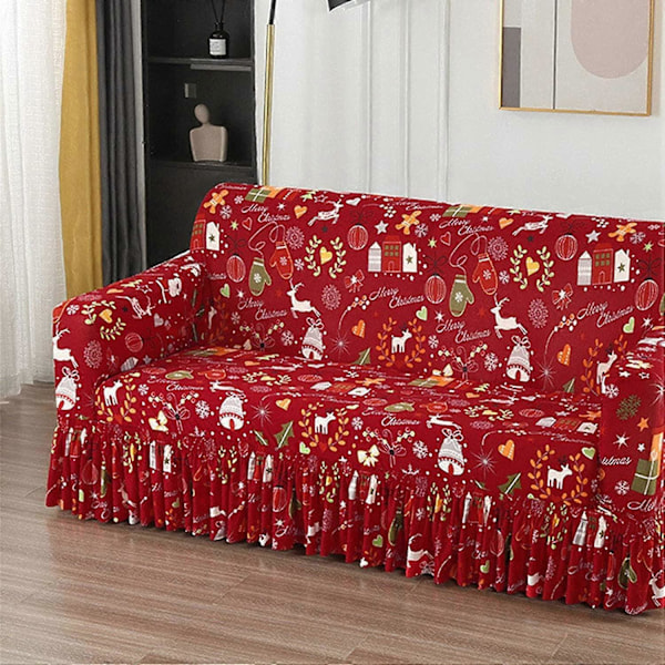 Rød Jule Sofa Betræk Slipcover med Elastisk Bund Julehjort Trykt Møbel Sofa Betræk
