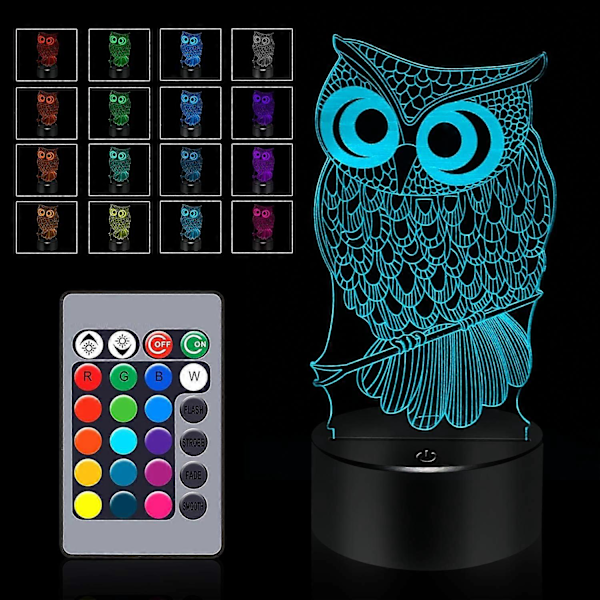 SBSG Ugle Gaver 3D Ugle Lampe, Touch & Fjernbetjening - 16 Farveskift Natlampe - Soveværelse Dekoration Legetøj