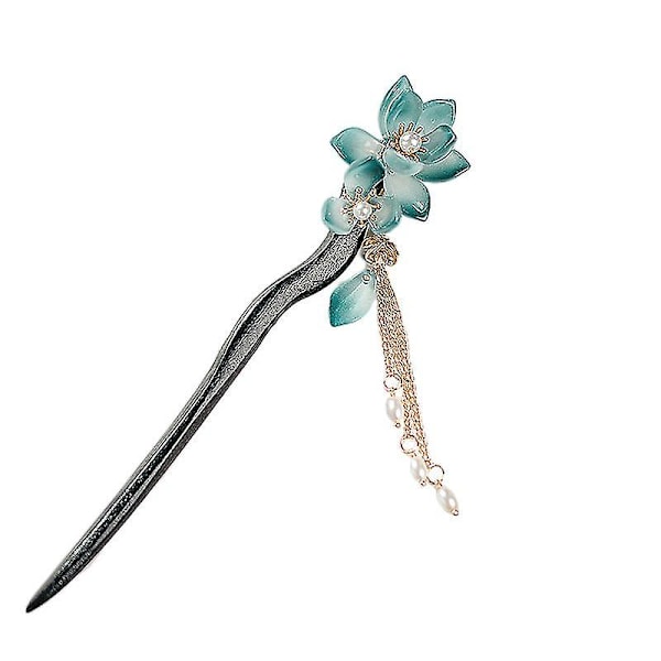 Blå Lotus Hårnål Handgjord Trähårpinne Kvinnor Retro Hårnål Blomma Dekor Hårpinnar För Långt Hår Modell 1st