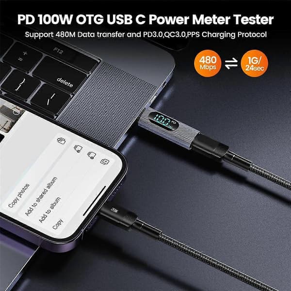 2 st USB-C-adapter, 100W USB-C hona till USB-C hane förlängningsadapter Typ C strömmeter testare med digital display