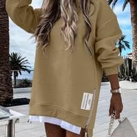 ChicMe 2025 Dame Langærmet Pullover Sweatshirt Lynlås Slids Afslappet Kjole Drop Shoulder Oversized Outfit Khaki XL