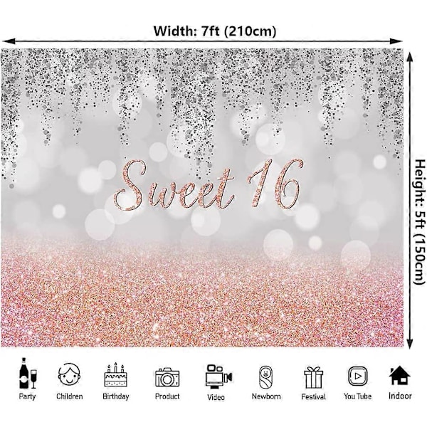 Hyvää 16-vuotissyntymäpäivää -banneritaustakoristeet tytöille, ruusukultainen Sweet 16 -syntymäpäiväjuhlakyltti, vaaleanpunainen Sweet Sixteen -syntymäpäiväjuliste