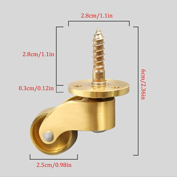 Sæt med 4 massive messing universelle hjul 360swivel møbelhjul møbelhjul 25*60mm(diameter * højde)