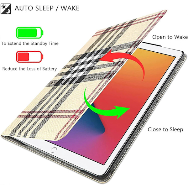 Fodral för iPad 9:e/8:e/7:e generationen (2021/2020/2019), iPad 10.2 Fodral Vikbart Ställ Kortplats, Premium Läder Klassiskt Rutigt Skydd Auto Wake/Sleep Sma