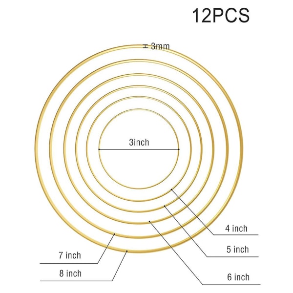 12 st 6 storlekar guld drömfångare metallringar blommiga bågar krans makramé skapelser ring för DIY C