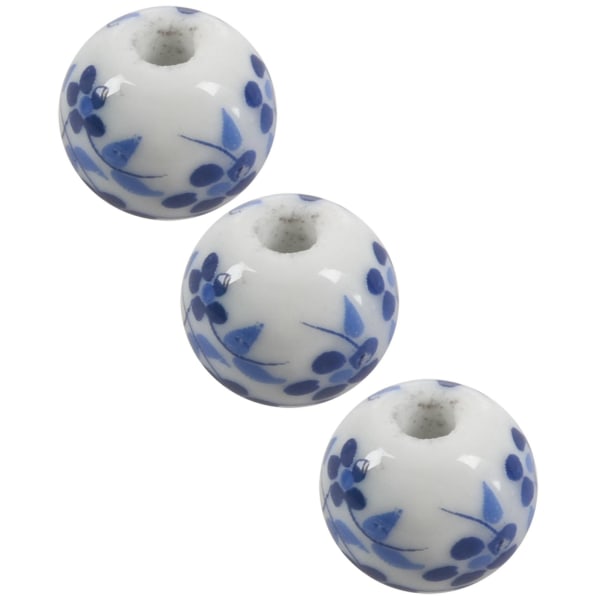 30x blomstermønster runde keramiske perler 12 mm (4/8 tommer) Dia. Hvid+blå