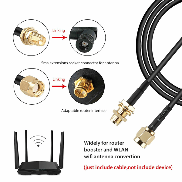 Rp - Sma Hann til Hunn Wifi Antennekontakt Forlengelseskabel Svart 10 M