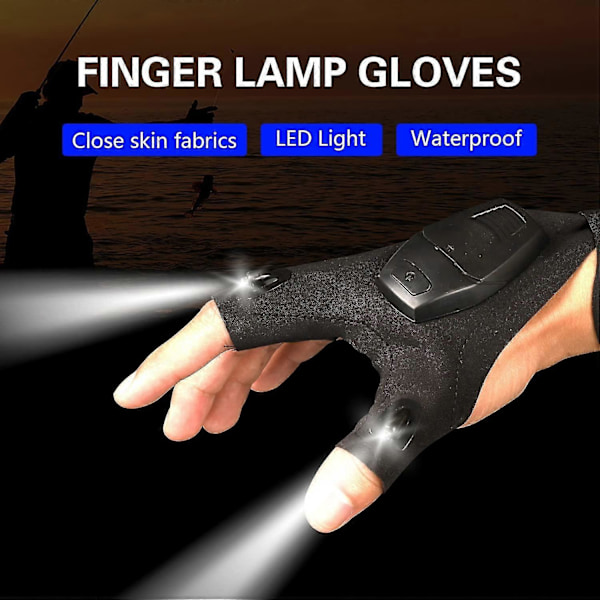 Lommelygtehandsker, gaver til mænd, handsker med lys fisketilbehør, fingerløse handsker natbelysning, cool gadgets cykling camping (2 stk, sort