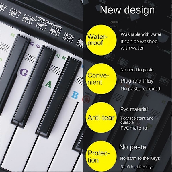 Pianotastatur-klistremerker Grand/Elektrisk piano 61 tangenter Notasjon Notestripe Etikett Symbol for Begynner