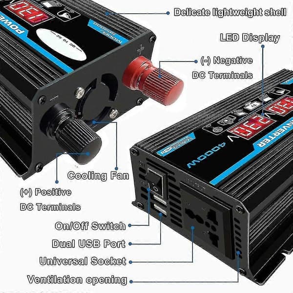 4000W 12V 220V/110V LED AC Bil Strømomformer Lader Adapter Inversor Dobbel USB Transformator Modifisert Sinusbølge