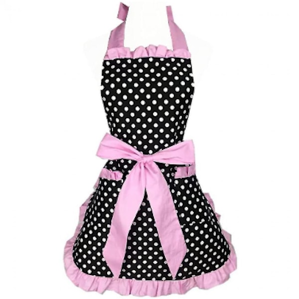 Kitchen Apron Cute Apron Retro Black Polka Dot Retro Ruffle Edge Retro Cooking Apron With Pockets, Ladies And Girls' Style (pink)