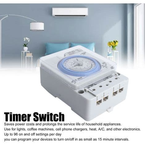 Rowythk – 24-timers analog klokke for DIN-skinnemontering – 16A mekanisk timer – 15-minutters programmering – 100-240V AC strømforsyning – 3500W maks belastning