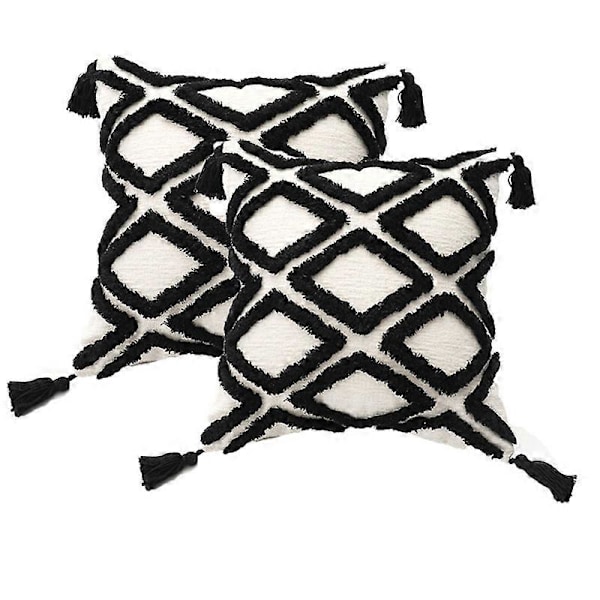 Valkoinen Musta Boho Sisustustyynyliina Setti 2 kpl, Erittäin Pehmeä Kudottu Tuftattu Samettityynyliina Hapsuilla Klassinen Aaltoileva Viivakuvio, Sopii Sohvalle 18x18