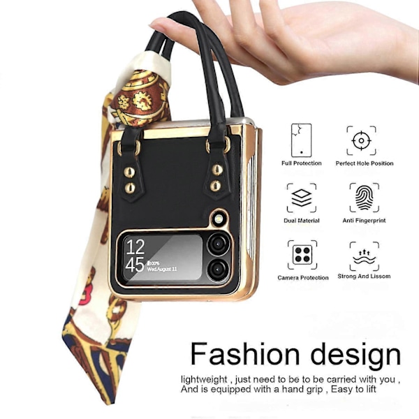 Mobilfodral för Samsung Galaxy Z Flip 4 2022, Fashion Handbag-fodral med Sidenhalsduk-armband Lyxig Guldförgylld Stötfångare Läder Skydd