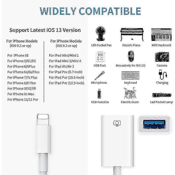 Lightning–USB-kamerasovitin, USB 3.0 OTG -datan synkronointikaapelisovitin yhteensopiva iPhone/iPadin kanssa, USB-naarasliitin tukee kortinlukijaa, USB-muistitikkua, näppäimistöä