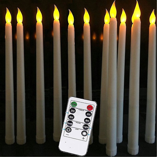 Set Of 10 Battery Operated Led Taper Candles With Remote, Ivory Dining Candles Smooth Wax Finish, Warm White Led