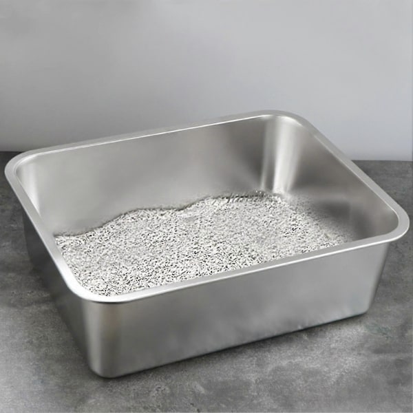 Rektangulär Kattlåda i Rostfritt Stål, Brottsäker, Låg Ingång, Öppen, Rymlig Metallåda, Tillbehör för Husdjur M 1