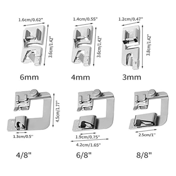 6-delt Hemsømningsfødder - Hemsømningsfodssæt til Singer, Brother, Euro-pro, m.fl.