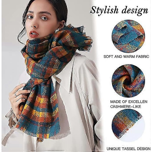 Dame Tartan Tørklæde Vinter Lang Plaid Tørklæder Varme Ternede Wraps Pashmina Uld Sjaler Tæppe Til Damer Spinding Kvast Oversized Stole 1 stk. orange