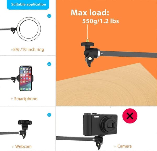 Langt Overliggende Tripod Mount til iPhone Webcam Ring Light, AcserGery Gooseneck Skrivebord