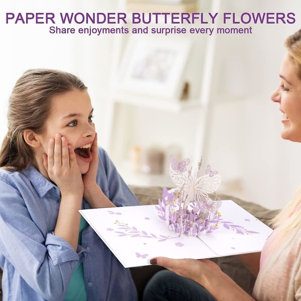 Purppura perhosen syntymäpäivän ponnahduskortti, perhoskukkakori 3d onnittelukortit naisille tytölle tytölle