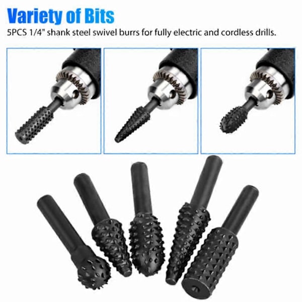 5-pack Rotarys Borrset Universal Träskärvningsfil Rasp Borr för Polering Gravyr