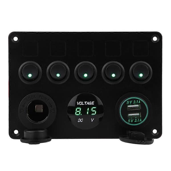 12-24V 5 Gang On/Off Vippekontaktpanel Dobbelt USB Voltmeter til Bil Båd Marine Lastbil Grøn LED