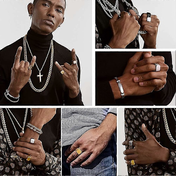 Herre Ring, Firkantet Flad Biker Stil Poleret Ring, Rustfrit Stål/Guldbelagt