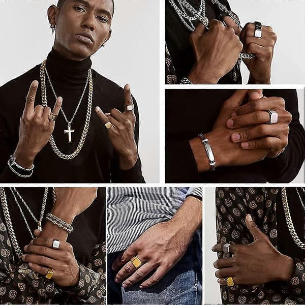 Herre Ring, Firkantet Flat Biker Stil Polert Ring, Rustfritt Stål/gullbelagt