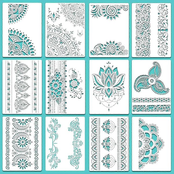 12 Stykker Store Mandala Stensiler Gjenbrukbare Mandala Malemaler 21 x 29,7 cm Blomsterdesign