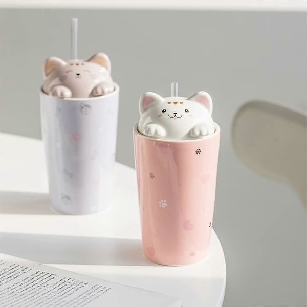 Kattkaffemugg med sugrör, keramisk resekopp med 3D-kattungelucka, återanvändbar för te, mjölk, bubbelte