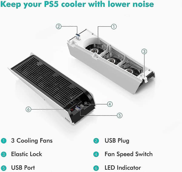 PS5 Køleblæser med LED-lys, Stille Blæser med 3 Blæsere og Controller USB-port Kompatibel med PS5 Digital/disk Edition