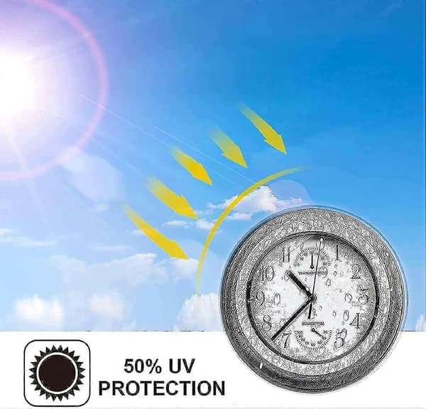 Vattentät utomhusklocka med termometer, tyst väggklocka i metall, batteridriven