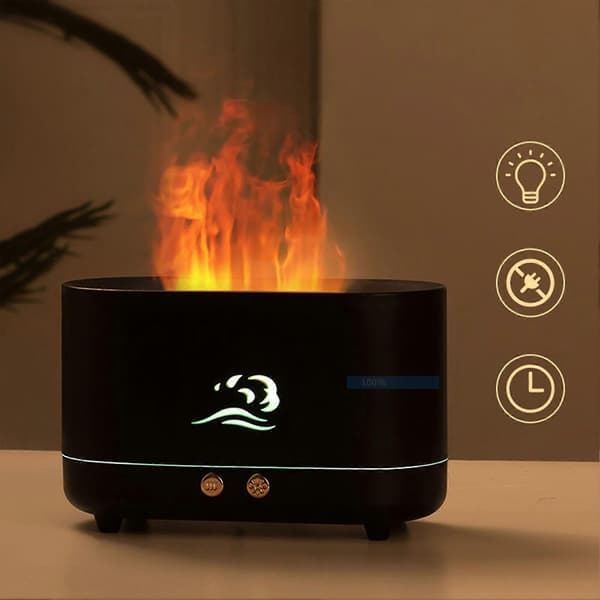 Flammeformet æterisk oliediffuser med automatisk slukning, LED-lys Aromaterapi Luftfugter, Støjsvag, Stor Sort, 12 timers drift