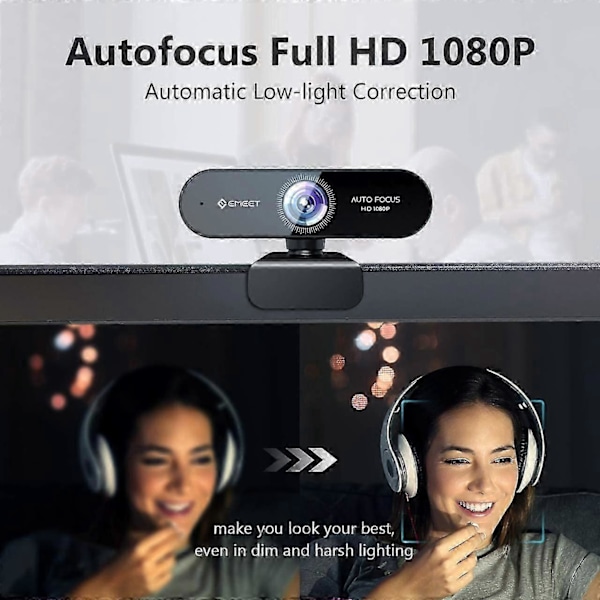 Webbkamera 1080P EMEET Nova Autofokus Webkamera med 2 Mikrofoner PC-kamera för Dator för Zoom/Skype/Möten/Onlinekurser