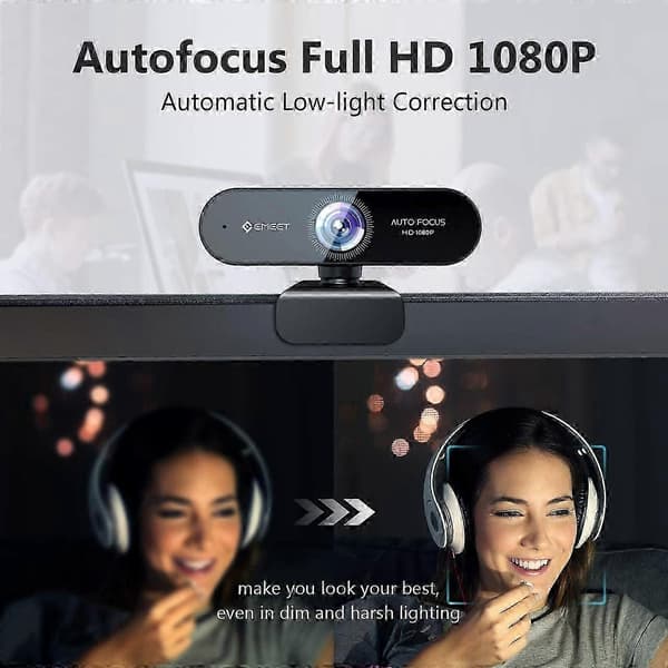 Webcam 1080P EMEET Nova Autofokus Webkamera med 2 Mikrofoner PC Kamera til Computer til Zoom/Skype/Møde/Online Undervisning