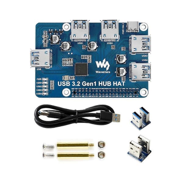 USB 3.2 Gen1 HUB HAT for 4B 3B+ 3B 2B Zero W WH, 4-kanals USB 3.0 ekspansjonsport, driverfri Plug&Play