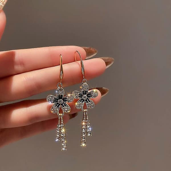 Dame Blomst Diamant Kvast Øreringe Fuld Rhinestone Lange Øreringe Kvast Øreringe