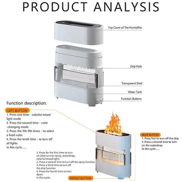 Simuleringsflamme Luftfugter Farverig Regn og Ild Aroma Diffuser med 7 Farver og Farverig til Hjem Soveværelse, Sort