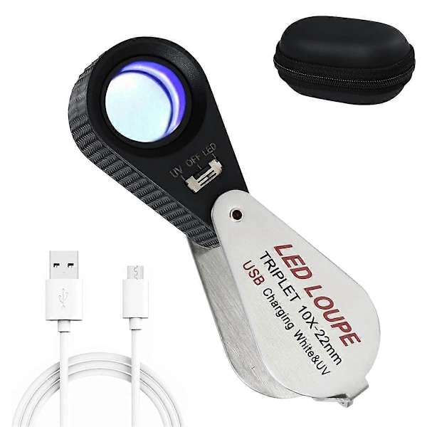 10x Juveler Lup med UV & LED Lys, Genopladelig 10x Lup Forstørrelsesglas 22mm Optisk Glas Triplet