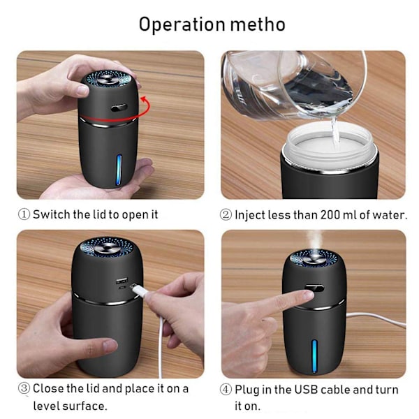 USB-bilfuktare 200 ml Mini bärbar luftfuktare med 7 färger LED nattlampa Tyst justerbar Mi