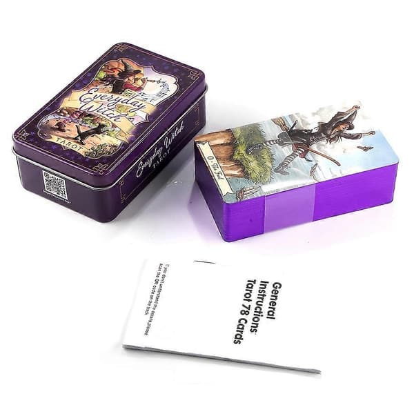Tarotkort i tennlåda med 78 kort, förgyllda kanter och guidebok
