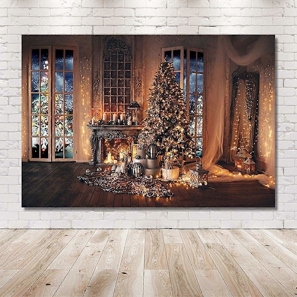 7x5ft Julgran String Lights Bakgrunder Eldstad Ljus Gåvor Fönster Fotografi Bakgrund Rustik Brun Trävägg Vinter Semester