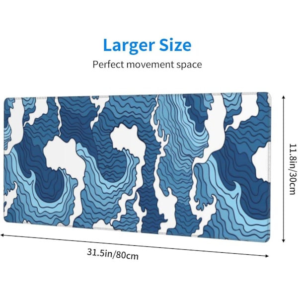 Japansk blå och vit havsvåg musmatta Xl utökad skrivbordsmatta, halkfri gummibas sydd kant spel PC-skrivbord stor musmatta, 31,5 x 11,8 tum