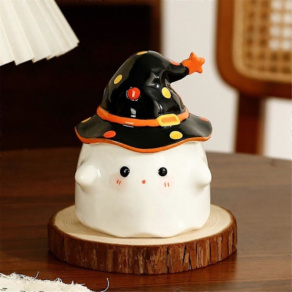 Spökkkaffe Kopp, Söt Spökansikte Mugg med Häxhatt Lock, Halloween Te Kopp, Jul Halloween Födelsedagspresent Gul