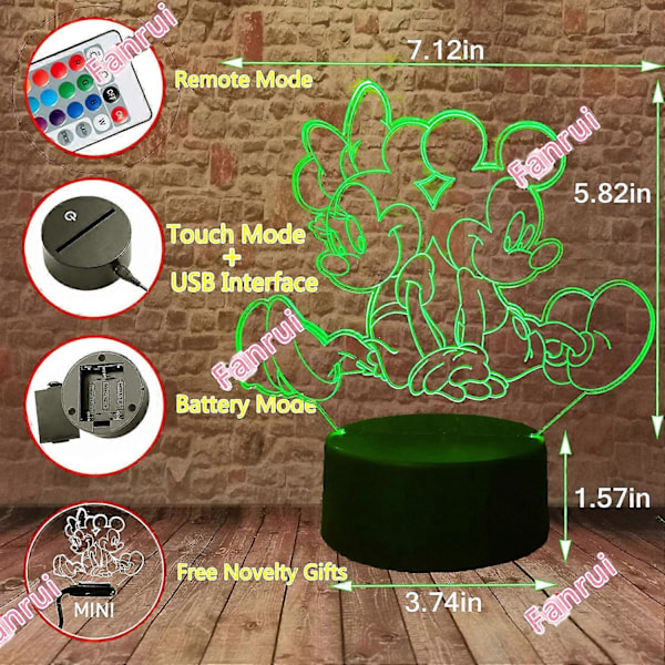 SBSG Mickey Minnie Figurer Nattlampa Sagoljus 3D Tecknad Mus Automatisk LED Barn Nattlampa Söt Perfekt 7 Färger Ändras Pojkar Flickor Rum Dekor Barn