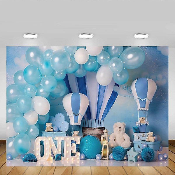 7x5ft Blå Dreng 1. Fødselsdag Fotobaggrund Varmeluftballoner Bjørn Baby Eventyr Baggrund Børnefest Dekoration Banner Nyfødt