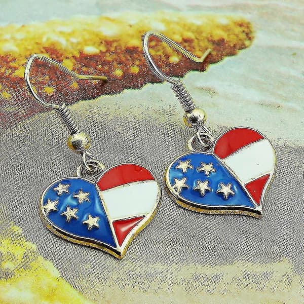 Amerikansk Flag Hjerte Charm Dingle Drop Hook Øreringe til Kvinder (7x)